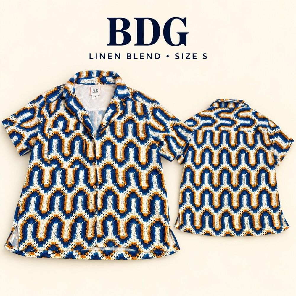BDG Size Small Retro Geometric Linen Blend Camp Collar Shirt